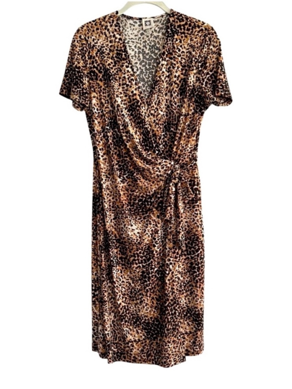 Anne Klein Short Sleeve Dress Faux Wrap Tan Black Cream Size 8